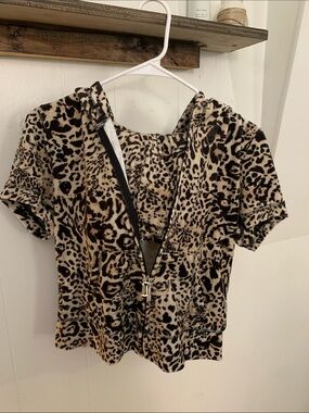 Juicy Couture Short-Sleeve Leopard Zip Hoodie in Cream and Brown set with shorts